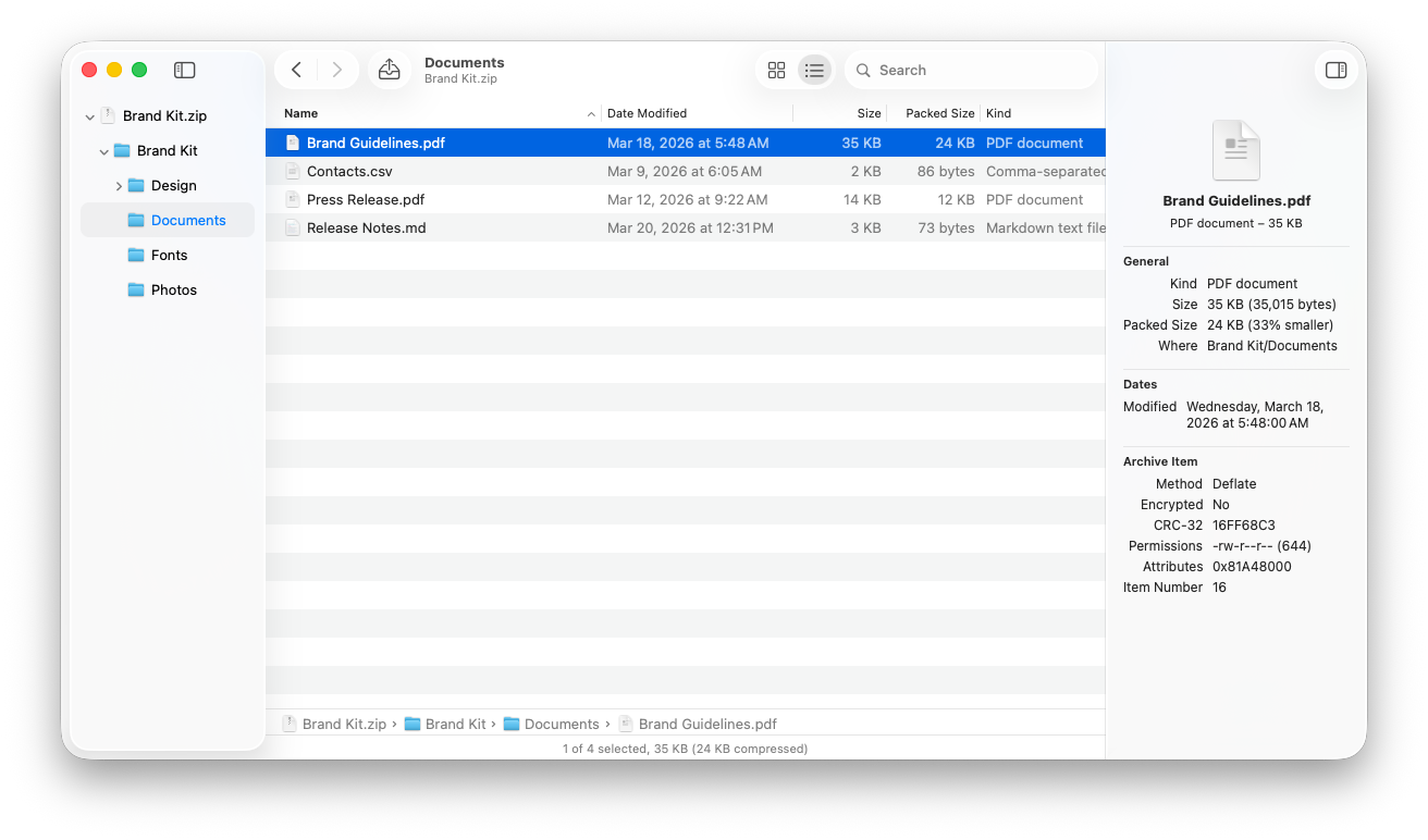 Arcana's inspector next to the list, showing a PDF's kind, sizes, date, compression method, CRC-32 and permissions