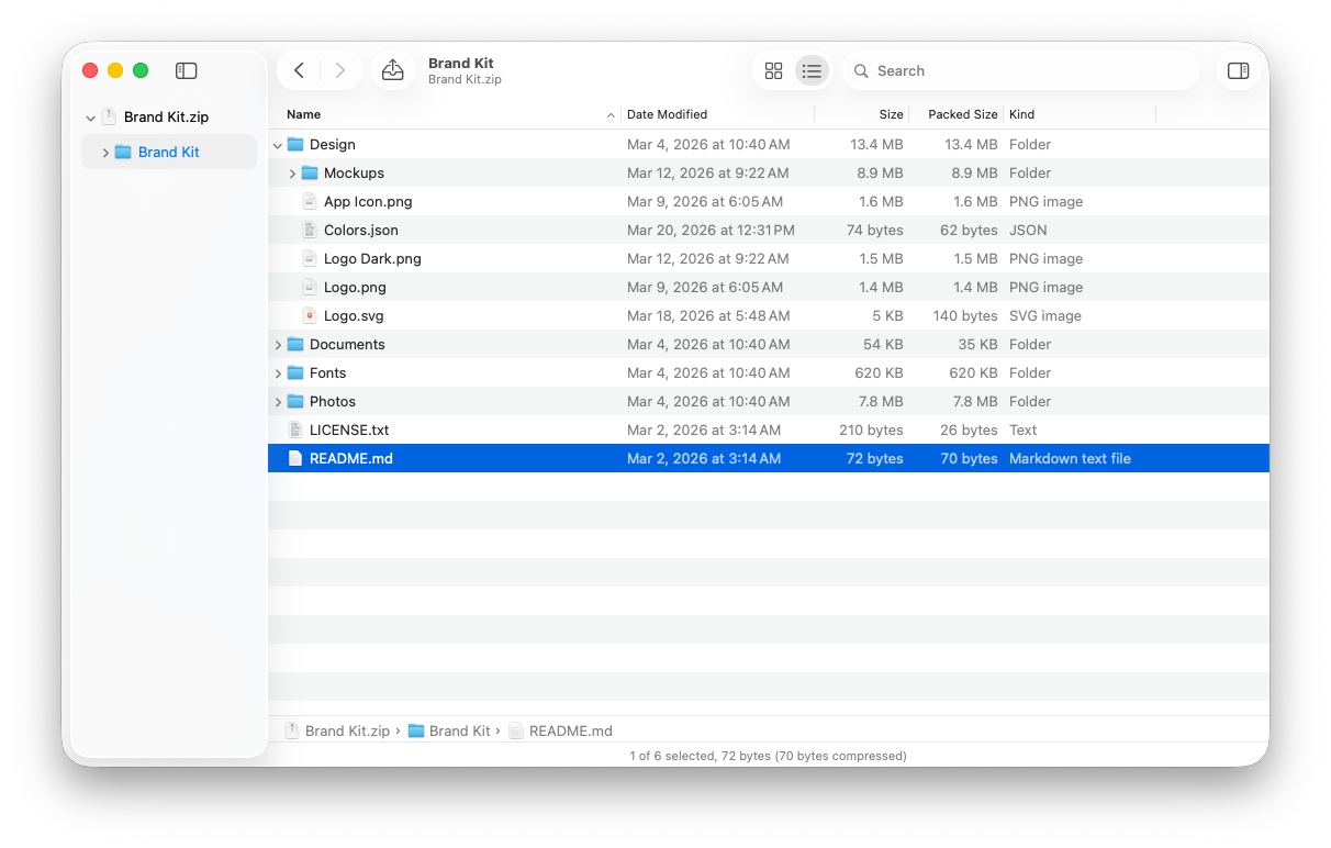 An archive open in Arcana: its folders in the sidebar, its items in a list with dates, sizes, packed sizes and kinds