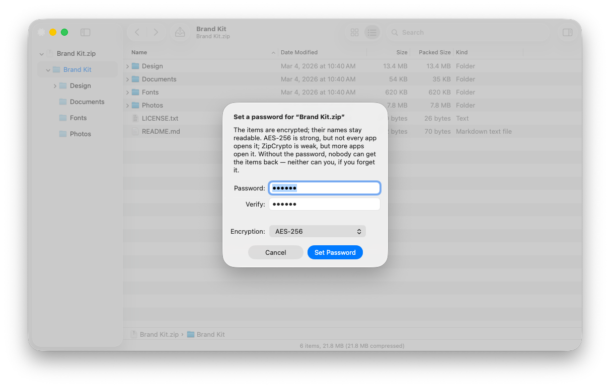 The Set Password dialog over an archive window, with fields to type the password twice and a choice of encryption